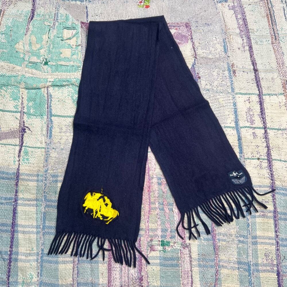 Polo Ralph Lauren 100% Lambswool Scarf Navy Fringe Yellow 2 Pony Logo